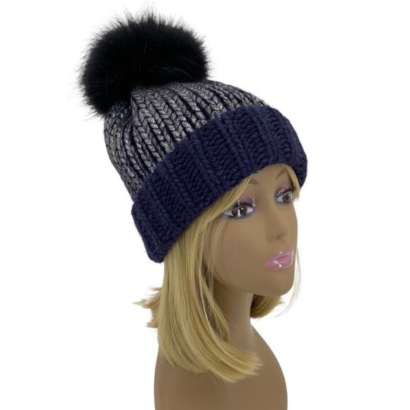 Navy Blue & Silver Wool Blend Beanie Hat Genuine Raccoon Fur Pom-Pom by AQUA - Picture 1 of 13